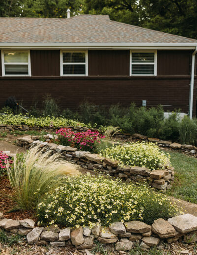 A front house walkway running alongside garden beds filled with native plants.
